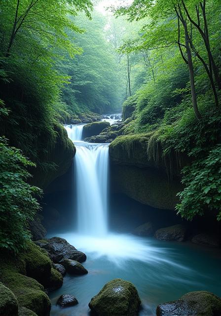 森の奥深くにある隠れた滝。