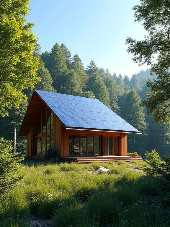 森の中のロッジの屋根に設置されたソーラーパネル。