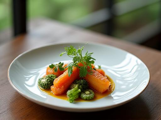 地元の食材を使った美しく盛り付けられた料理。